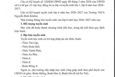 THÔNG BÁO TUYỂN SINH LỚP 6 NĂM HỌC 2026-2027
